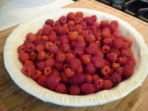 Distribute raspberries into an unbaked 9" pie crust.